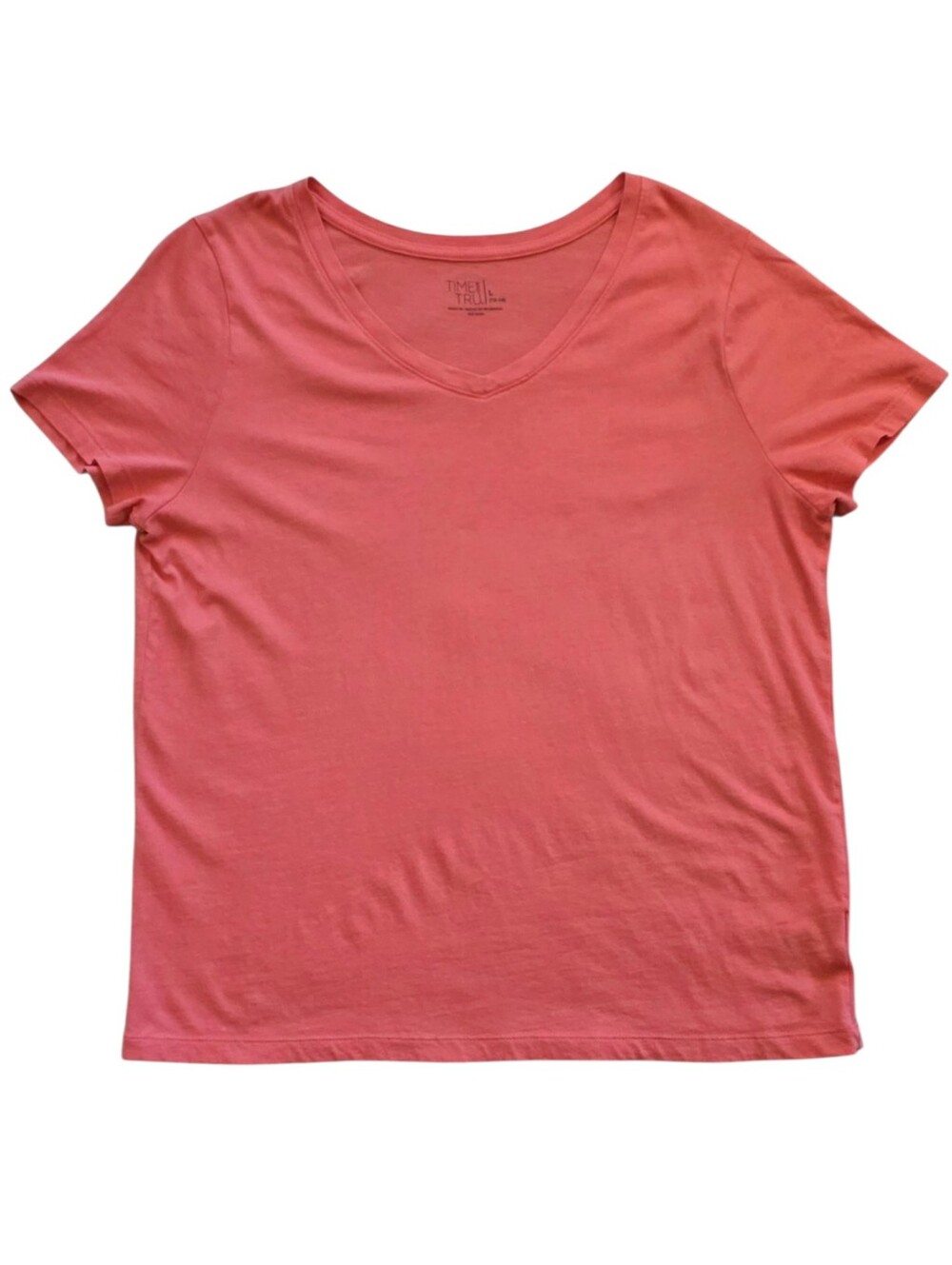 Time and Tru Large Coral Pink Casual ComfortbShort Sleeve V-Neck Tee Shirt 12-14
